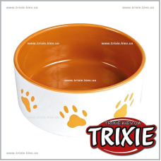 Миска керамическая для собак TRIXIE с рисунком Лапка оранж./белый (Обьем: 0.3л, Размер: 12см)